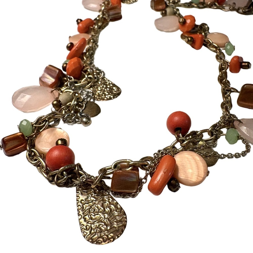Boho Charm Necklace Mixed Beads Coral Pink Gold Tone (needs repair)